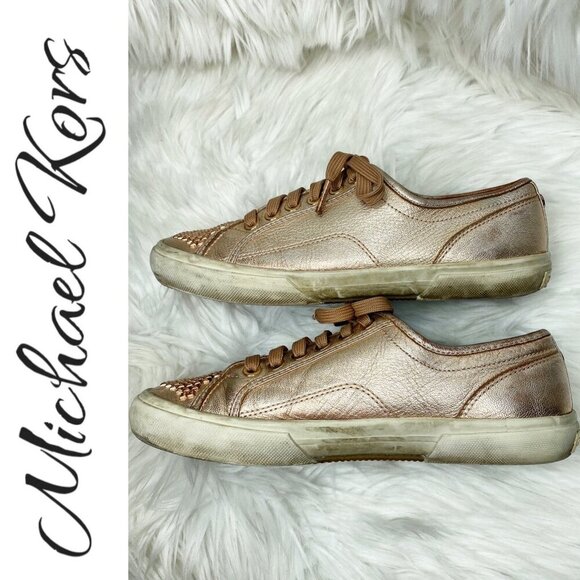 MICHAEL KORS ROSE GOLD METALLIC STUDDED LOW TOP LEATHER SNEAKERS, SIZE 6.5 - Picture 6 of 12